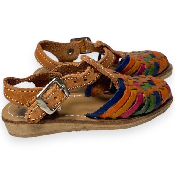 Child Mexican Huarache Sandals Sz 4 | Handmade Leather Closed-Toe Multi-Colored - Picture 5 of 8